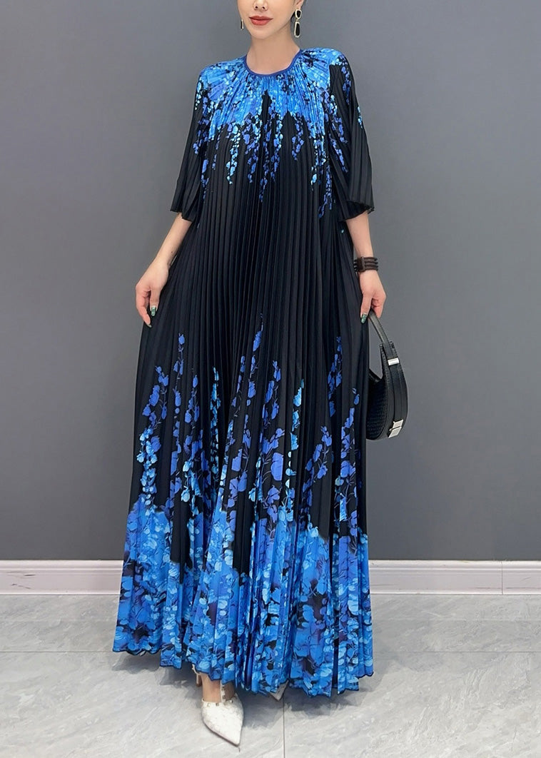 Fine Black O Neck Print Pleated Long Dresses Summer