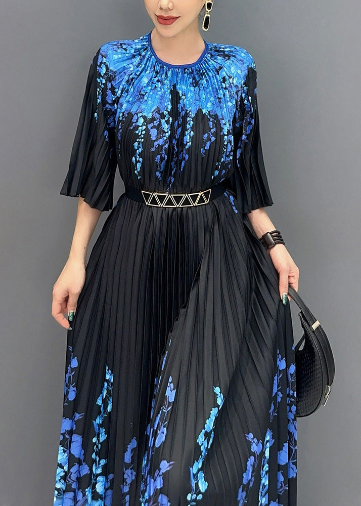 Fine Black O Neck Print Pleated Long Dresses Summer