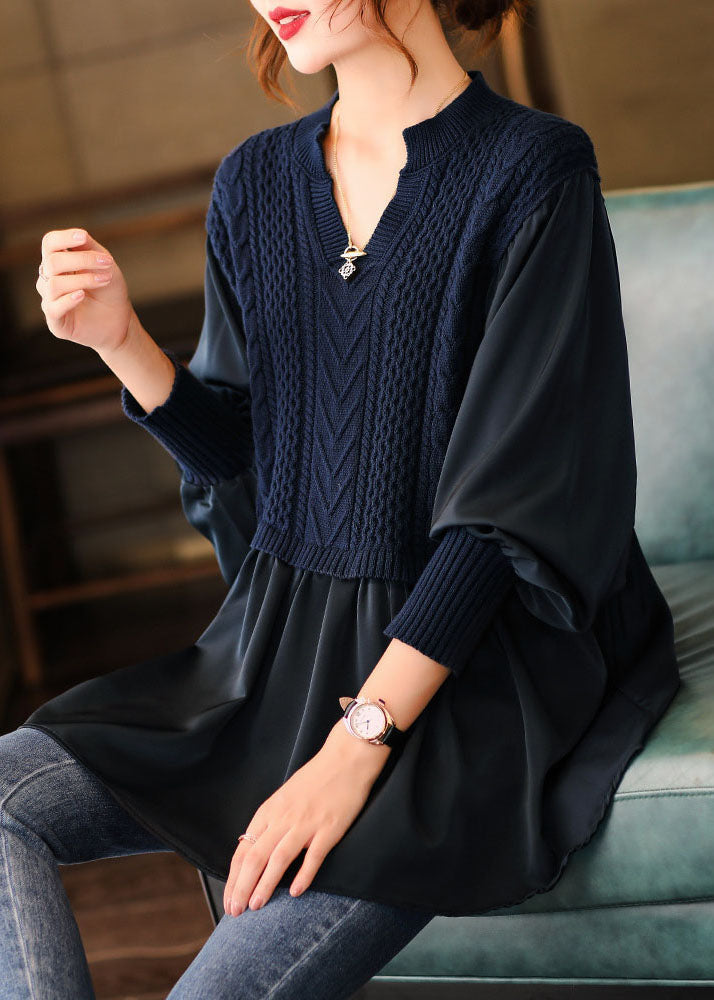 Navy Knit Blouses Puff Sleeve Winter Top